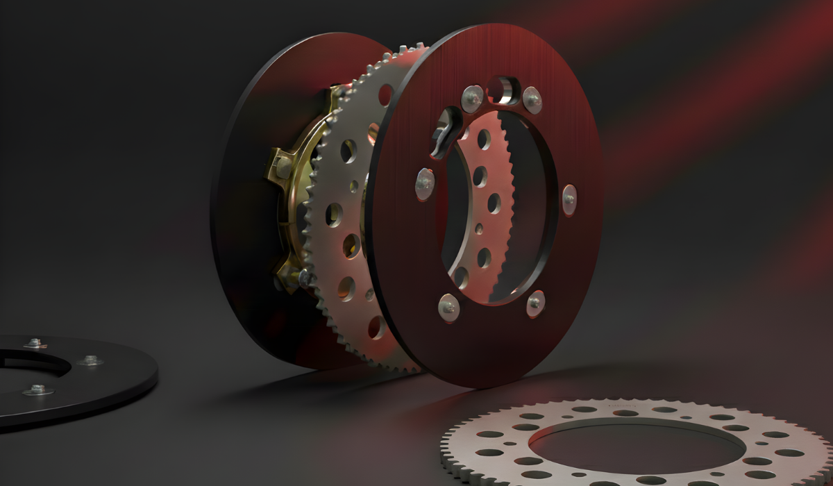 Go kart sprockets and protectors against dark background