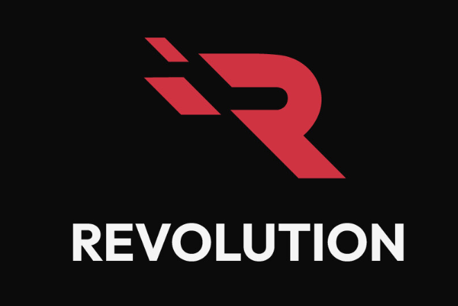 Red R Logo with White Revolution Text on Black Background